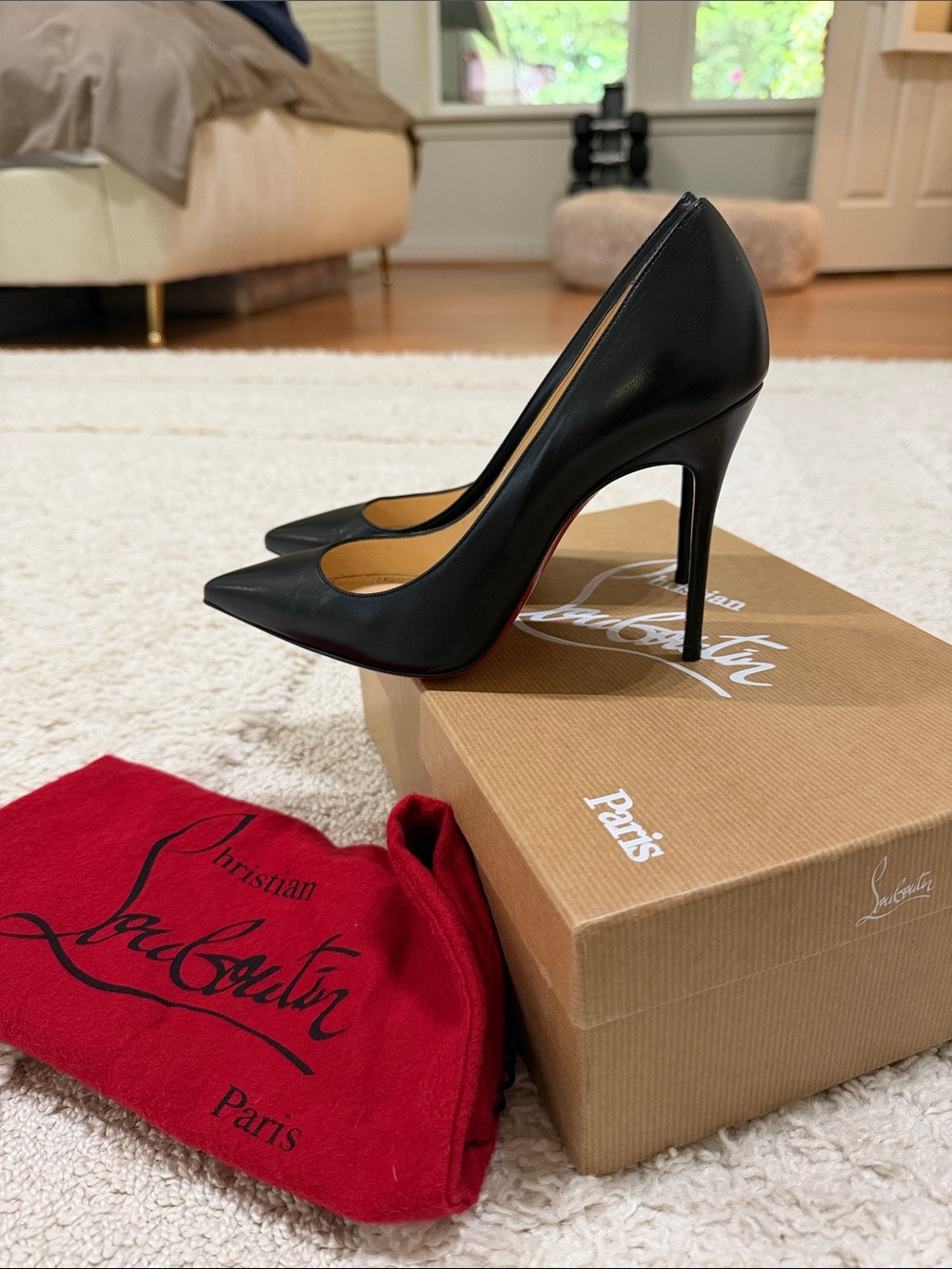 Christian Louboutin Black Leather Pointed-Toe Stiletto Pumps with Red Sole